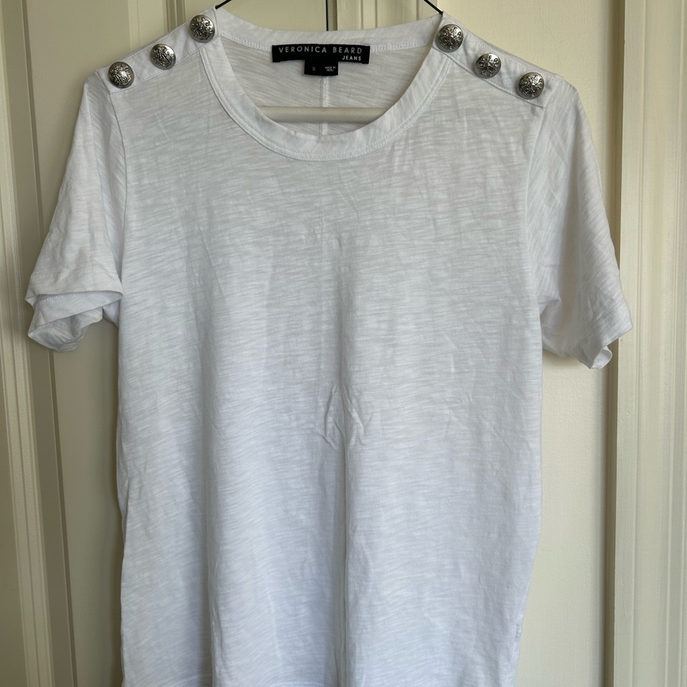 Veronica Beard White T-Shirt with Silver Buttons